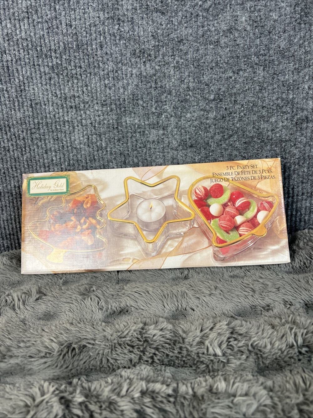 Vintage Indiana Glass Holiday Gold 3 Piece Party Set Made In USA Christmas Decor